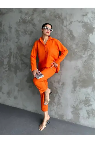 Kadın Bej Ikili Keten Gömlek Pantolon Alt Üst Takım-Turuncu - 2