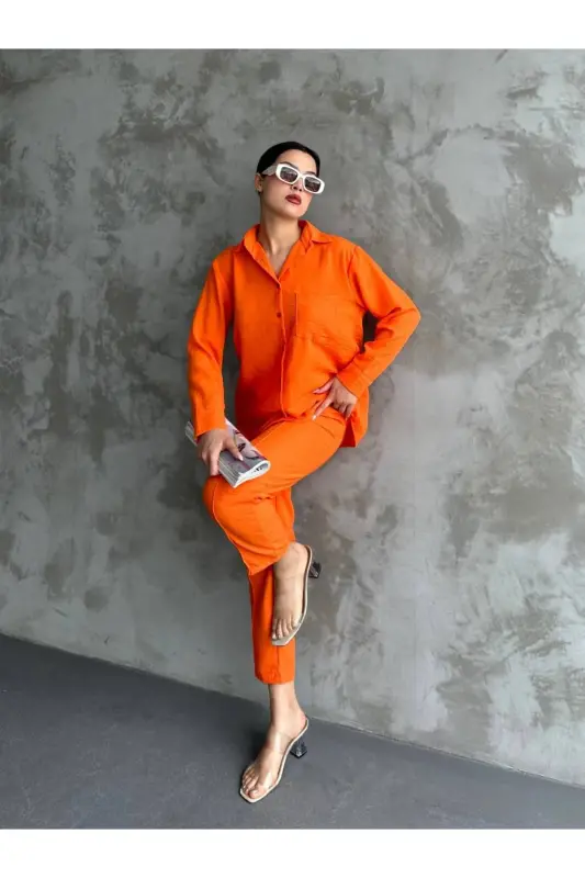 Kadın Bej Ikili Keten Gömlek Pantolon Alt Üst Takım-Turuncu - 2