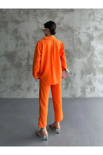 Kadın Bej Ikili Keten Gömlek Pantolon Alt Üst Takım-Turuncu - 3