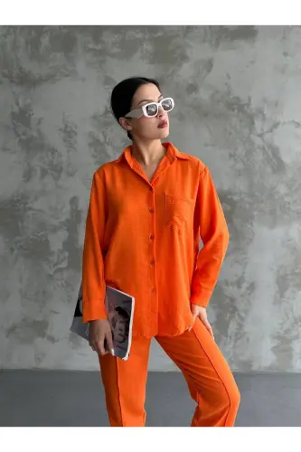 Kadın Bej Ikili Keten Gömlek Pantolon Alt Üst Takım-Turuncu 