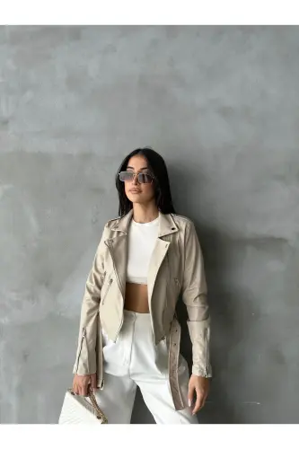 Kadın Bej Kemerli Deri ceket-Bej 