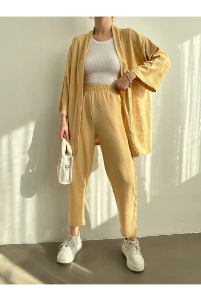 Kadın Bej Kimono Pantolon Örme Takımı-Bej - 3