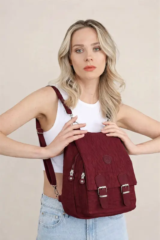 Kadın Bej Kipling Kumaş Kadın Omuz Ve Sırt Çantası-Bordo - 1