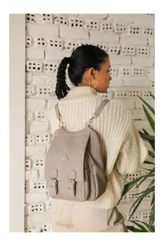 Kadın Bej Kipling Kumaş Kadın Omuz Ve Sırt Çantası-Ekru - ALYAÇANTADÜKKANI