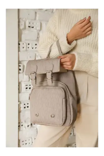 Kadın Bej Kipling Kumaş Kadın Omuz Ve Sırt Çantası-Ekru - ALYAÇANTADÜKKANI (1)