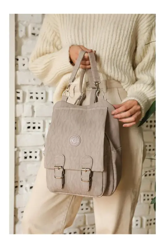 Kadın Bej Kipling Kumaş Kadın Omuz Ve Sırt Çantası-Ekru - 3