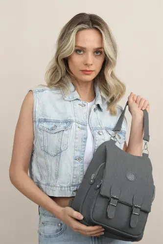 Kadın Bej Kipling Kumaş Kadın Omuz Ve Sırt Çantası-Koyu Gri - ALYAÇANTADÜKKANI (1)