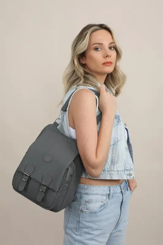 Kadın Bej Kipling Kumaş Kadın Omuz Ve Sırt Çantası-Koyu Gri - 3