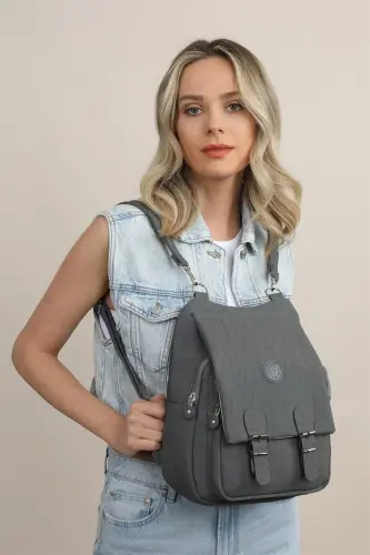 Kadın Bej Kipling Kumaş Kadın Omuz Ve Sırt Çantası-Koyu Gri - 4