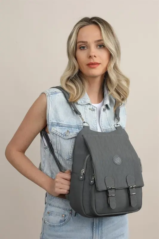 Kadın Bej Kipling Kumaş Kadın Omuz Ve Sırt Çantası-Koyu Gri - 4