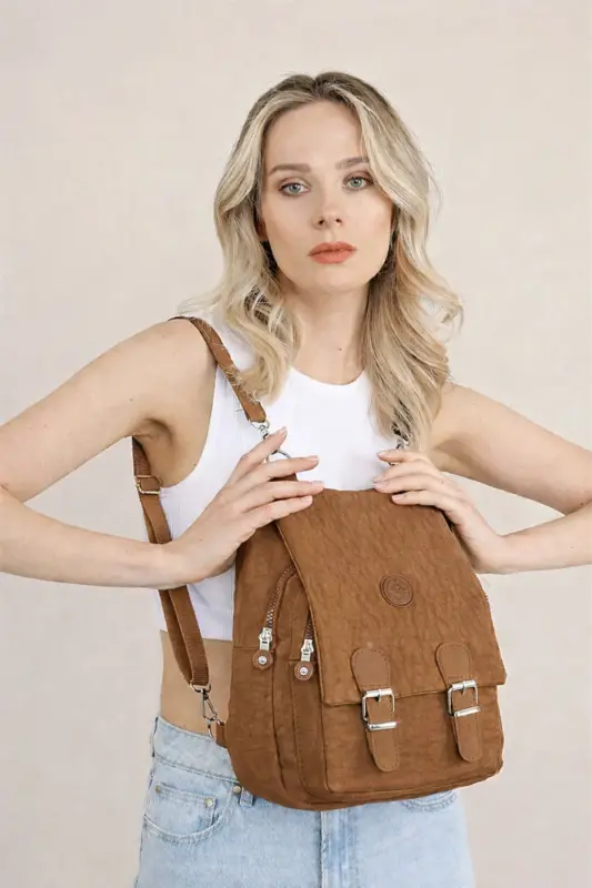 Kadın Bej Kipling Kumaş Kadın Omuz Ve Sırt Çantası-Taba - 1