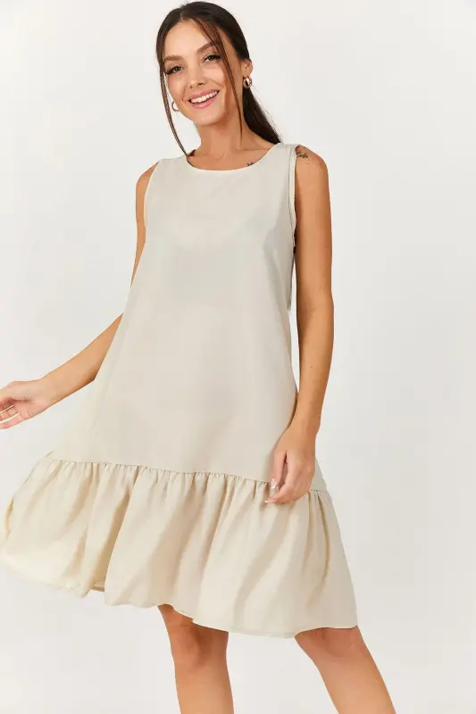 Kadın Bej Kolsuz Eteği Fırfırlı Elbise ARM-18Y001156-Bej - 1