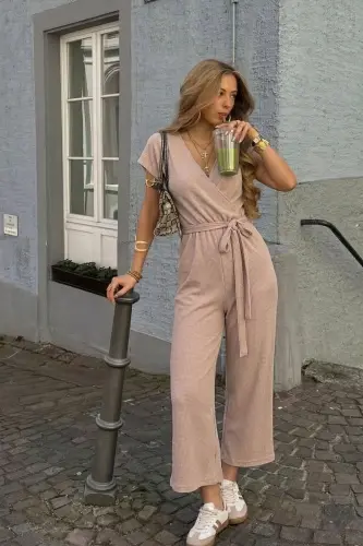 Kadın Bej Kruvaze Beli Kemerli Tulum ARM-20Y042008 - Bej 