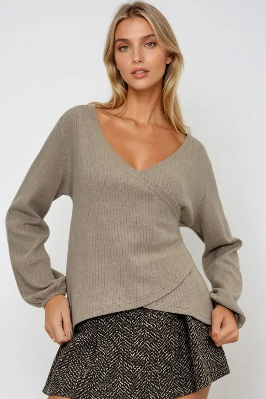 Kadın Bej Kruvaze Yaka Kolu Lastikli Bluz ALC-X12929-Bej - 1