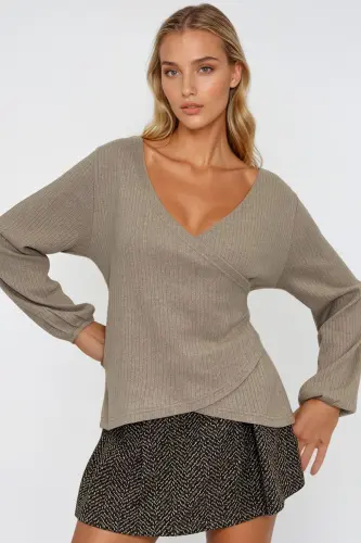 Kadın Bej Kruvaze Yaka Kolu Lastikli Bluz ALC-X12929-Bej - 3