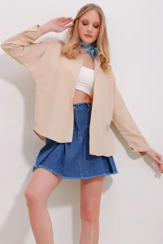 Kadın Bej Manşetli Cotton Basic Gömlek ALC-X11494 - BEJ - 5