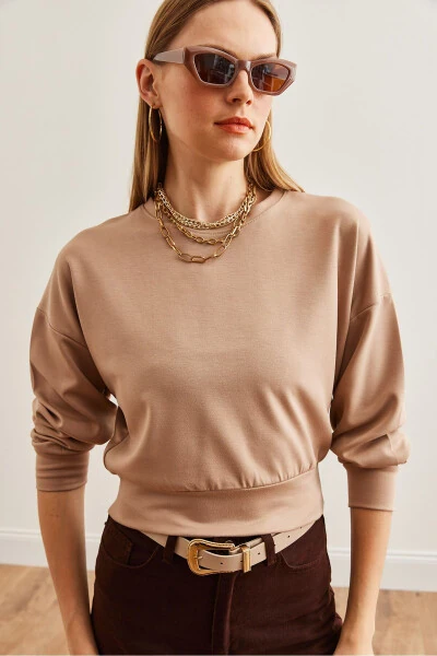 Kadın Bej Modal Tuşeli Crop Sweatshirt SWT-19000653-Bej - 6