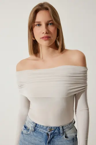 Beigefarbene, schulterfreie, geraffte Bluse für Damen FF00161 - Beige - 1