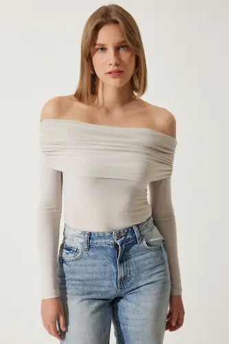 Beigefarbene, schulterfreie, geraffte Bluse für Damen FF00161 - Beige - 3
