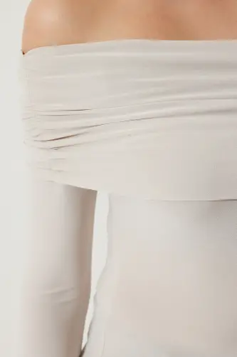 Beigefarbene, schulterfreie, geraffte Bluse für Damen FF00161 - Beige - 4