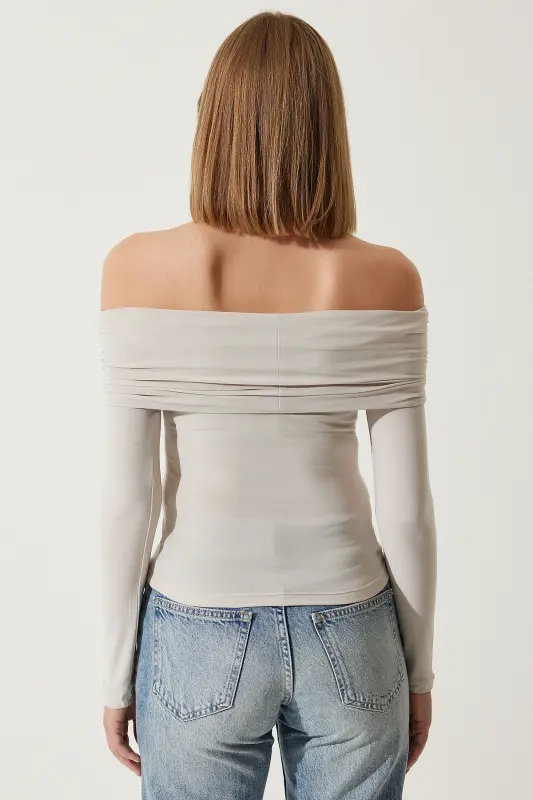 Beigefarbene, schulterfreie, geraffte Bluse für Damen FF00161 - Beige - 5
