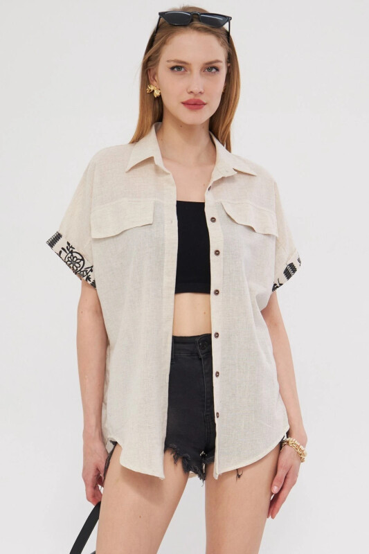 Kadın Bej Oversize Duble Kol Detaylı Gömlek ARM-24Y001075-Bej - 1