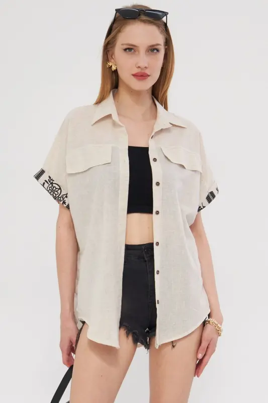 Kadın Bej Oversize Duble Kol Detaylı Gömlek ARM-24Y001075 - Bej - 2