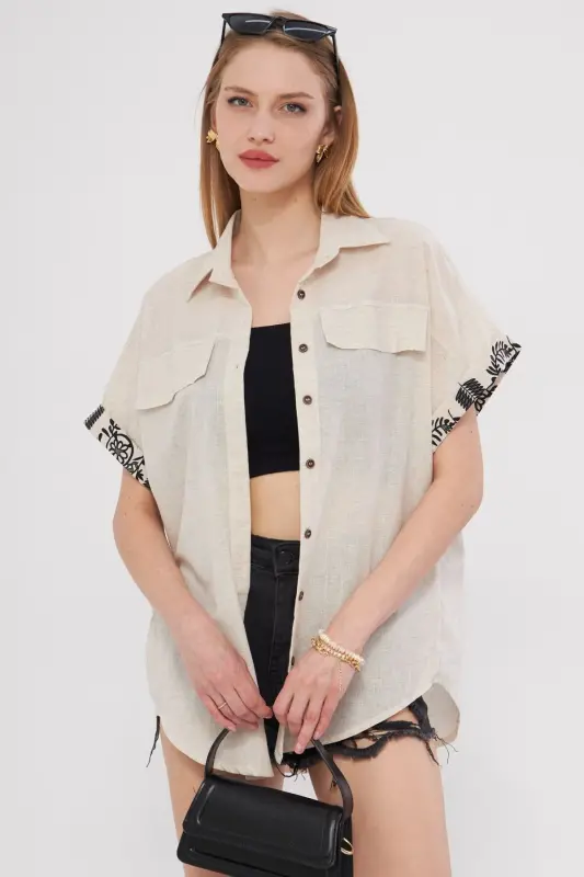 Kadın Bej Oversize Duble Kol Detaylı Gömlek ARM-24Y001075 - Bej - 6