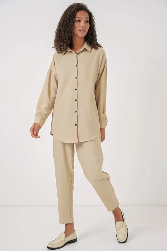 Kadın Bej Oversize Keten Alt Üst Takım 6622 - BEJ - 1