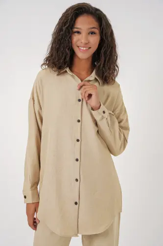 Kadın Bej Oversize Keten Alt Üst Takım 6622 - BEJ - 2