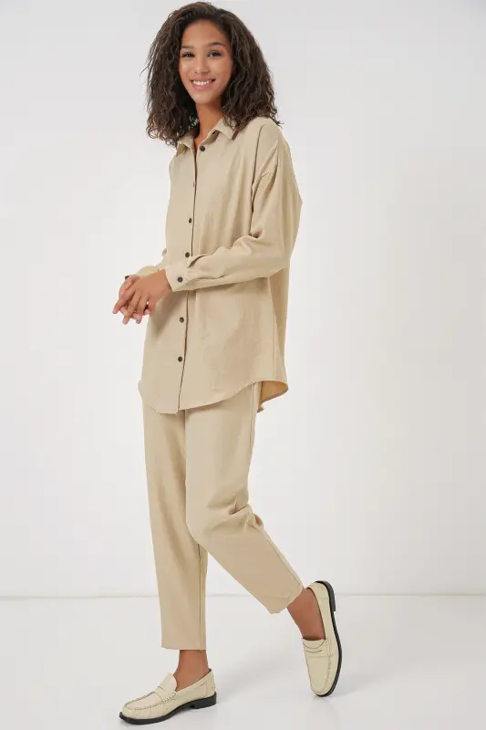 Kadın Bej Oversize Keten Alt Üst Takım 6622 - BEJ - 3