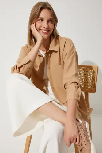 Kadın Bej Oversize Keten Ayrobin Gömlek DD01222-Bej - 2