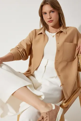 Kadın Bej Oversize Keten Ayrobin Gömlek DD01222-Bej - 3