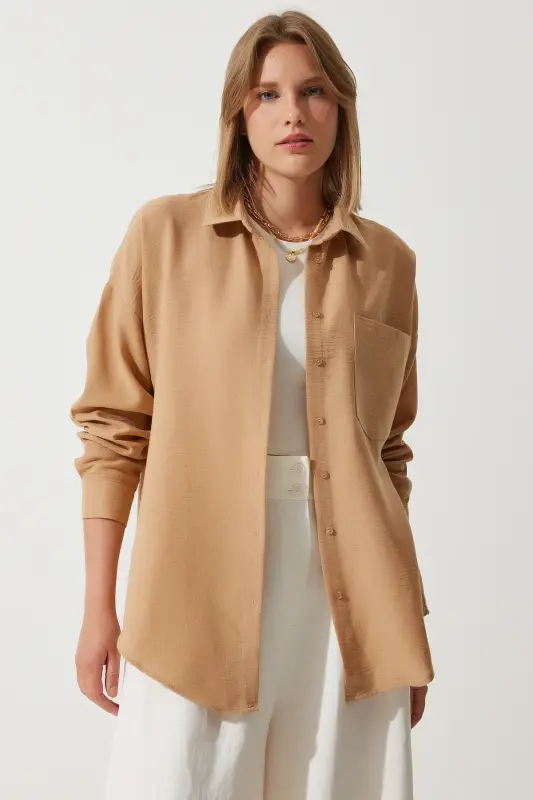 Kadın Bej Oversize Keten Ayrobin Gömlek DD01222-Bej - 4