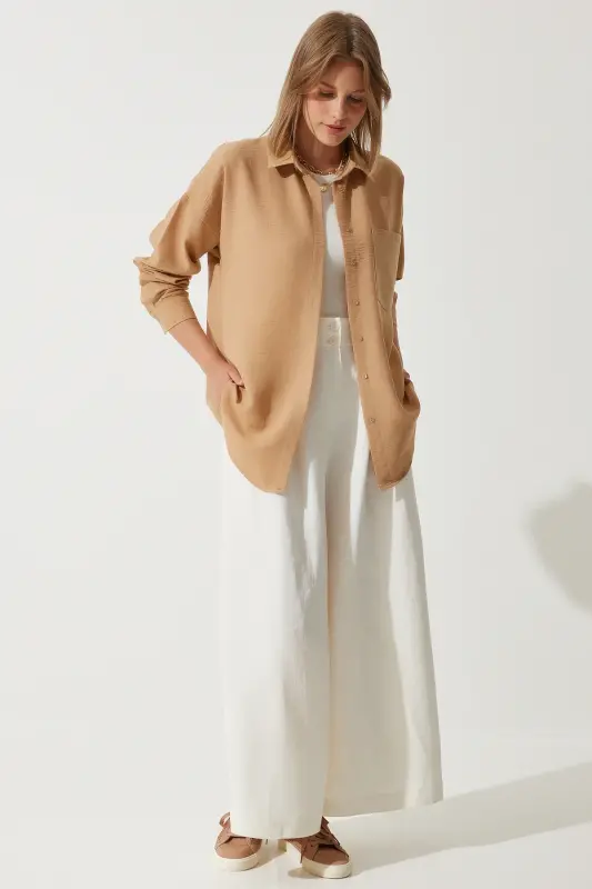 Kadın Bej Oversize Keten Ayrobin Gömlek DD01222-Bej - 5