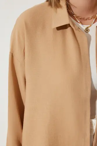 Kadın Bej Oversize Keten Ayrobin Gömlek DD01222-Bej - 6