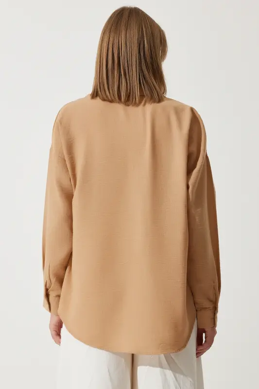 Kadın Bej Oversize Keten Ayrobin Gömlek DD01222-Bej - 7