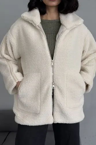Kadın Bej Oversize Peluş Mont - Çift Fermuarlı, Dik Yakalı-Bej - 5