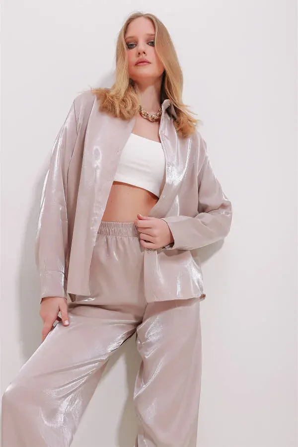 Kadın Bej Parlak Dokuma Oversize Gömlek ALC-X11492-BEJ - 1