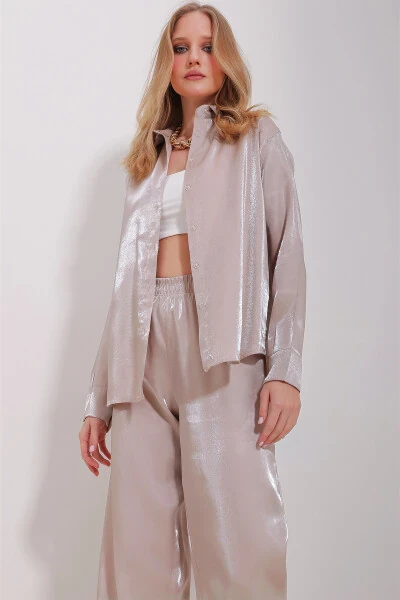 Kadın Bej Parlak Dokuma Oversize Gömlek ALC-X11492-BEJ - 4