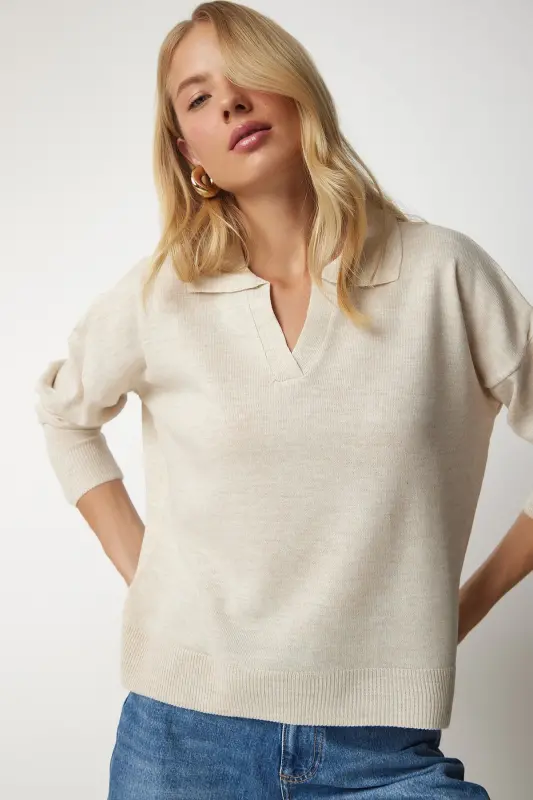 Kadın Bej Polo Yaka Basic Kazak bv00094-Bej - 2