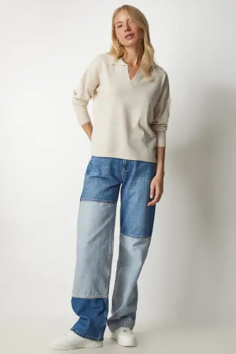 Kadın Bej Polo Yaka Basic Kazak bv00094-Bej - 3