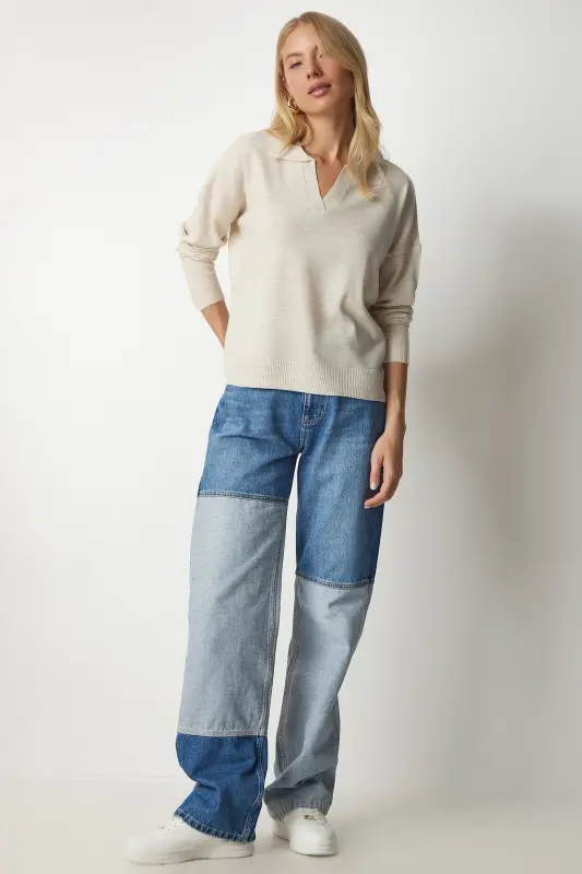 Kadın Bej Polo Yaka Basic Kazak bv00094-Bej - 3