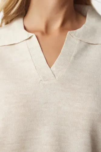 Kadın Bej Polo Yaka Basic Kazak bv00094-Bej - 4