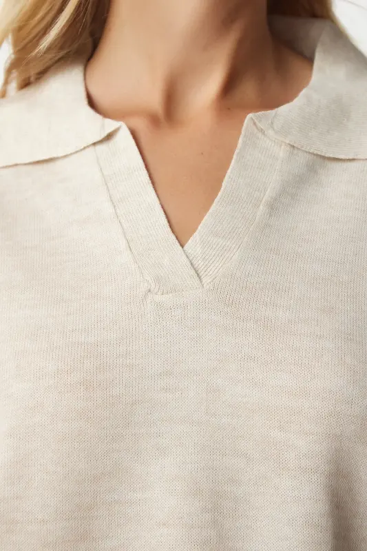 Kadın Bej Polo Yaka Basic Kazak bv00094-Bej - 4