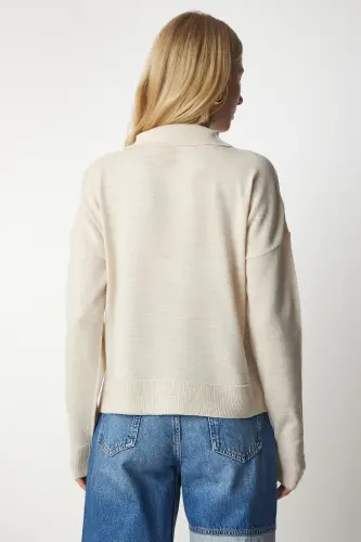 Kadın Bej Polo Yaka Basic Kazak bv00094-Bej - 5