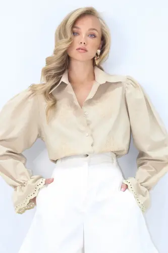 Kadın Bej Prenses Kol Güpür Nakışlı Dokuma Gömlek Alc-X7829-BEJ - 2