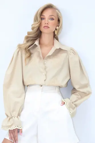Kadın Bej Prenses Kol Güpür Nakışlı Dokuma Gömlek Alc-X7829-BEJ - 3