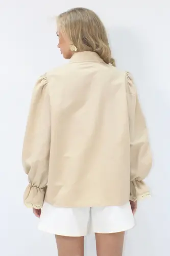 Kadın Bej Prenses Kol Güpür Nakışlı Dokuma Gömlek Alc-X7829-BEJ - 4