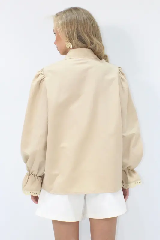 Kadın Bej Prenses Kol Güpür Nakışlı Dokuma Gömlek Alc-X7829-BEJ - 4